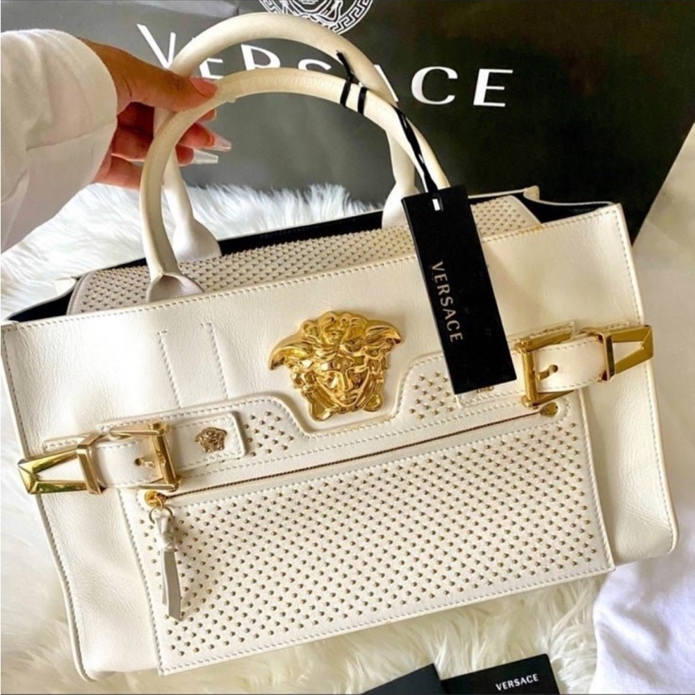 New Medusa ⚜️Versace  Palazzo Large white Studded Leather Shoulder Bag Handbag